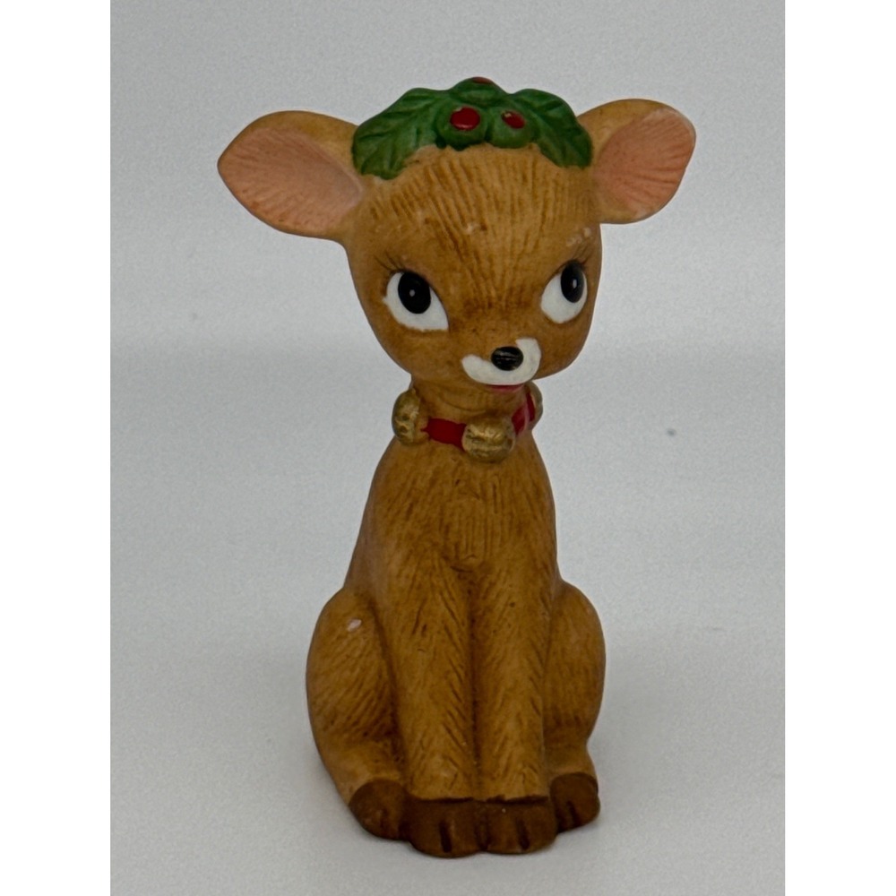 Vintage Lefton Ceramic Reindeer Figurine Christmas Holly Berry Deer‎ Doe